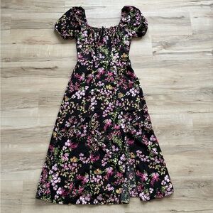 Liberty Love Black Bold Floral Maxi Dress Short Puff Sleeves Front Side Slit